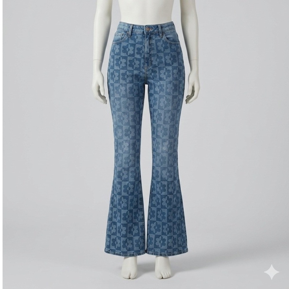 Hollister Curvy High-Rise VTG Flare‎ Jeans Floral Checkerboard Blue 13S W31 L29